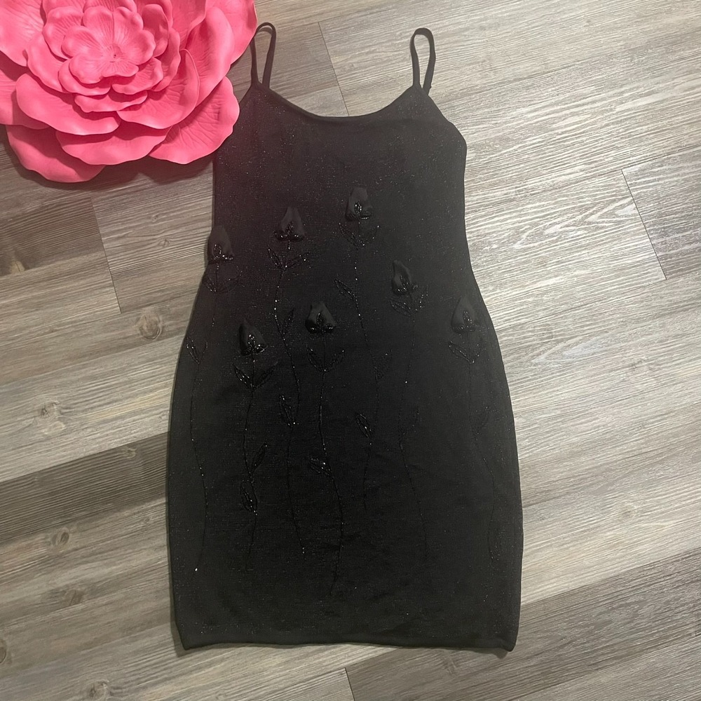 VTG‎ BRILLIANTE By JA Sz S Black Shimmer Floral Tulips Beaded Knit Sweater Dress